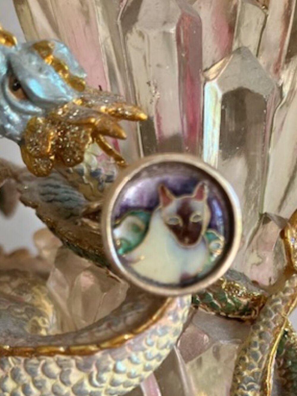 Vintage 14K Gold Cloisonne Cat Ring